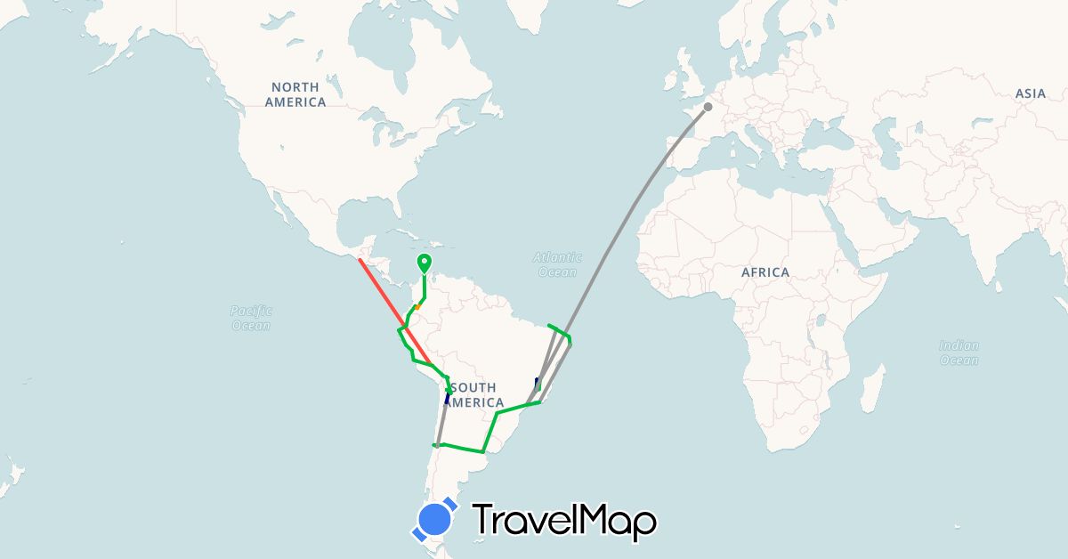 TravelMap itinerary: driving, bus, plane, train, hiking, boat, hitchhiking in Argentina, Bolivia, Brazil, Chile, Colombia, Ecuador, France, Peru (Europe, South America)